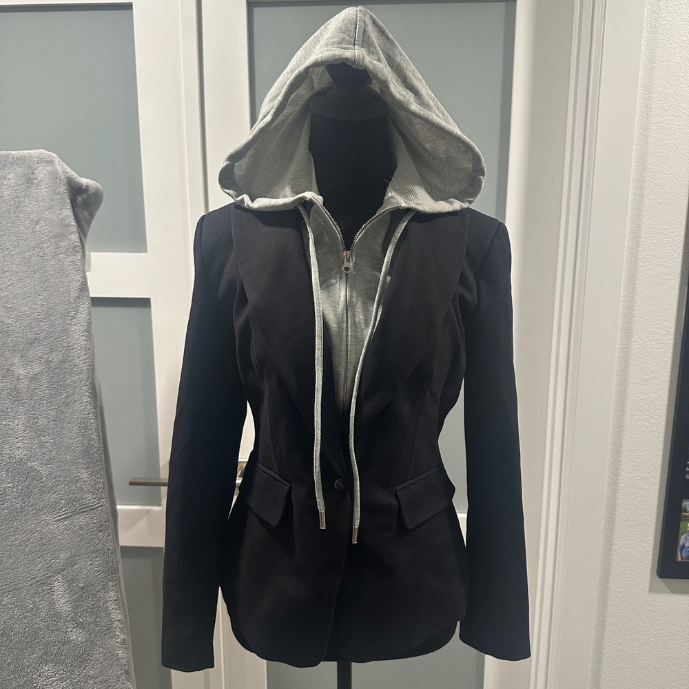 Central Park West Blazer Women XS Black Removable Hoodie 2-in-1 Layered Jacket